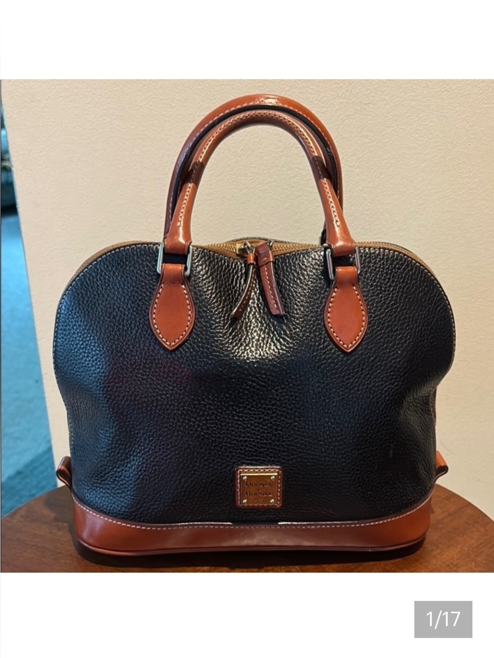 Dooney Bourke   Dome top satchel pebble, leather black/cinnamon, brown  trim EUC